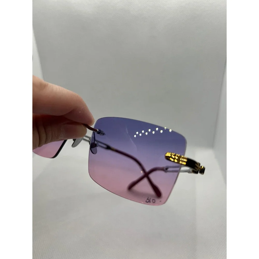 Porta Romana Rimless Sunglasses Purple Pink Gradient Lens Gold Accents‎ Fashion